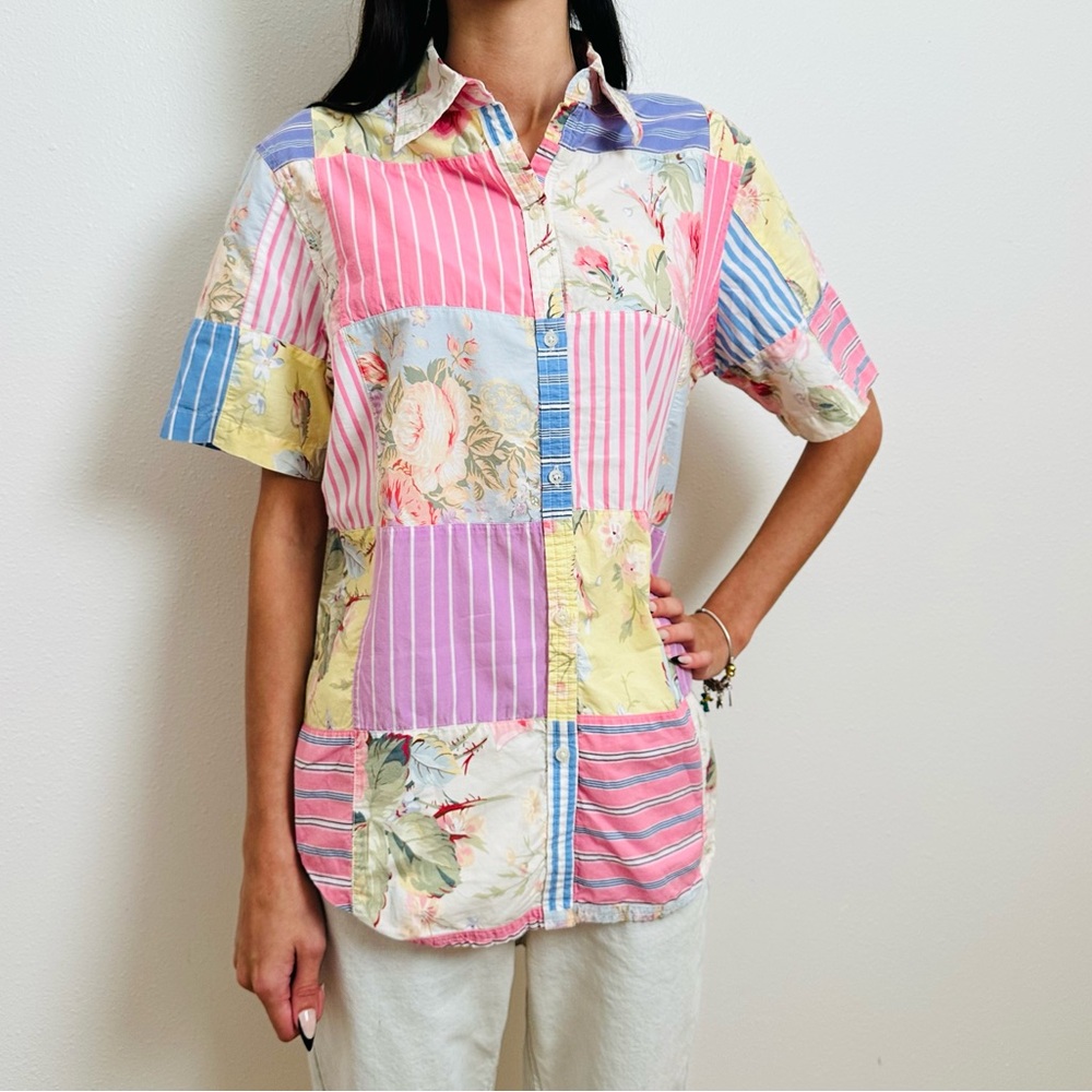 Vintage Ralph Lauren Patchwork Button-Up Shirt Floral Striped Boho - Picture 3 of 9